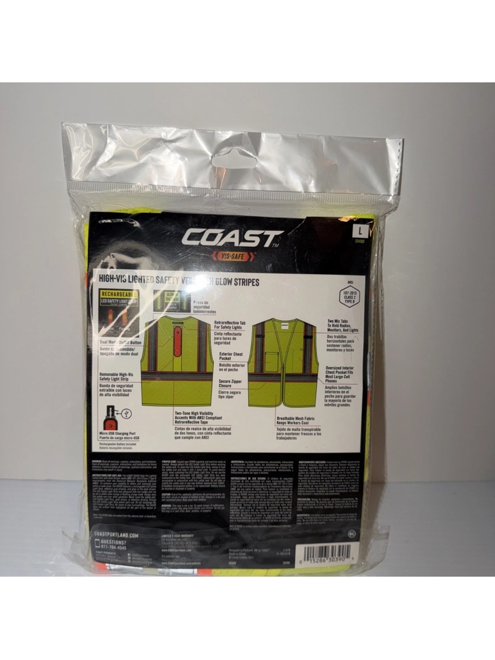 Coast SV400 High-Vis Lighted Safety Stripes Vest Glow In The Dark Size Large - Picture 2 of 2